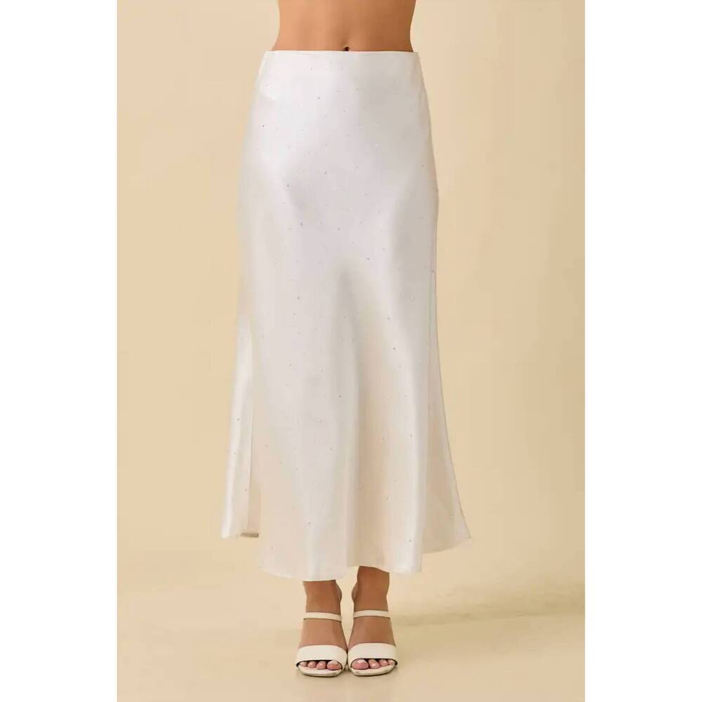 NEW MAIN STRIP satin maxi skirt with rhinestone in white